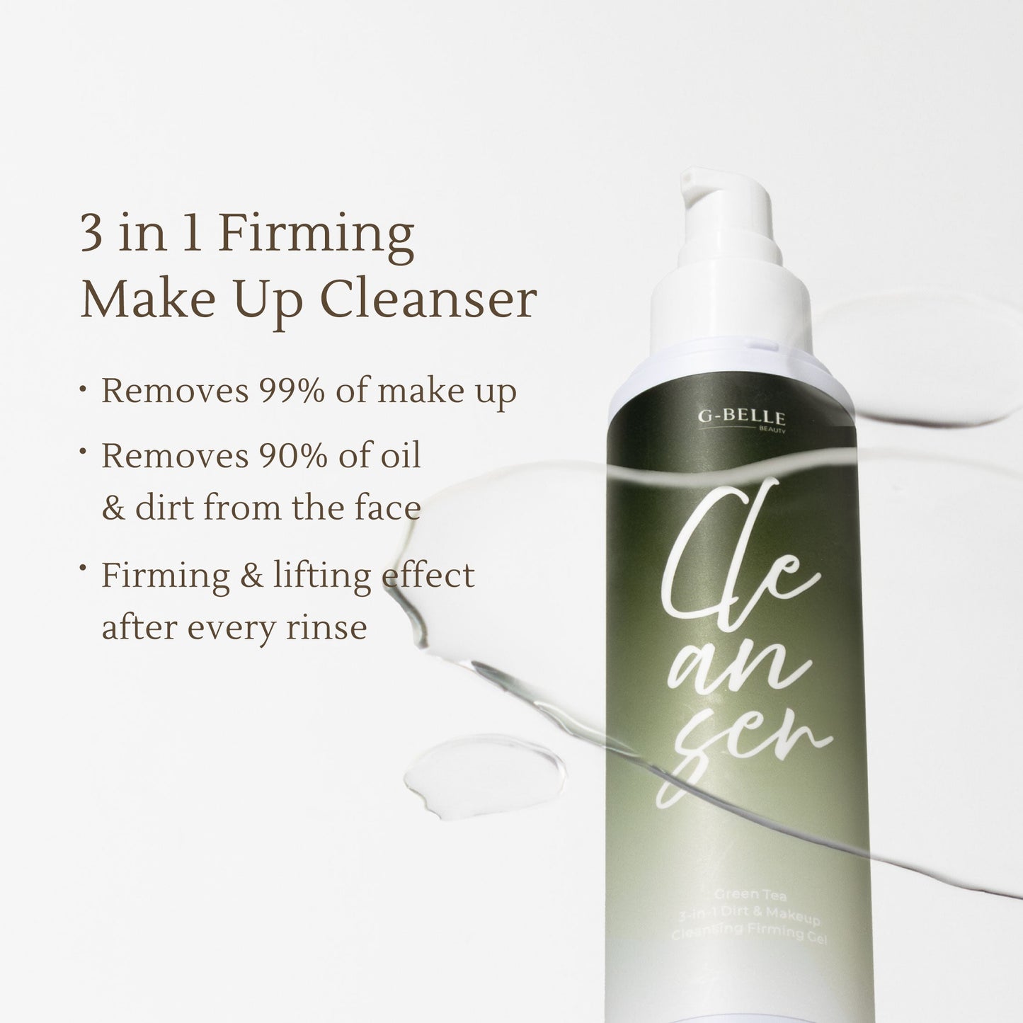 Face wash 3 in 1 Green Tea Cleansing Gel - 120 ml | Facial Wash | Pembersih makeup waterproof tanpa residu | Kulit kering sensitif | Kerutan | Garis halus | Muka tirus | Kulit kendur | Firming effect | Niacinamide | Glutathione | Vitam