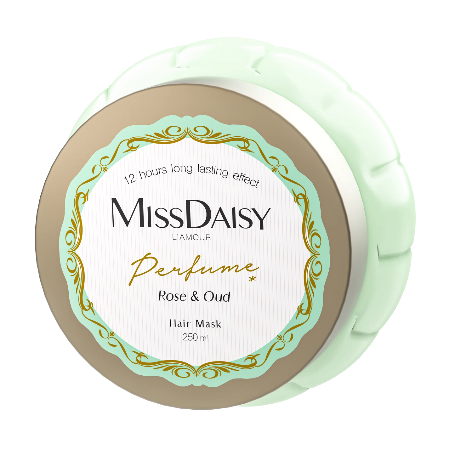 Miss Daisy hair mask container with rose and oud fragrance on a white background