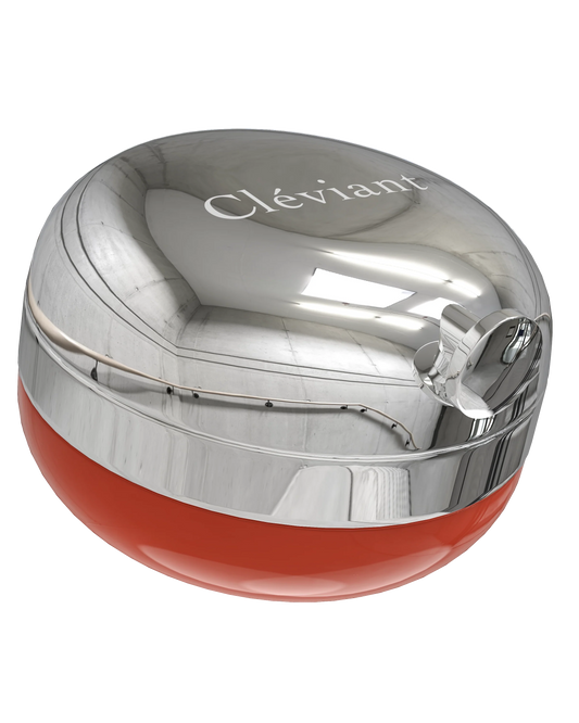 Silver and red cosmetic container with 'Cleviant' branding on a white background