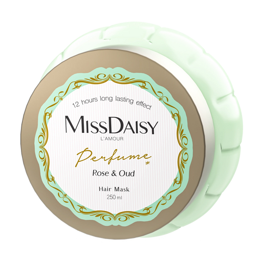 Miss Daisy hair mask container with rose and oud fragrance on a white background