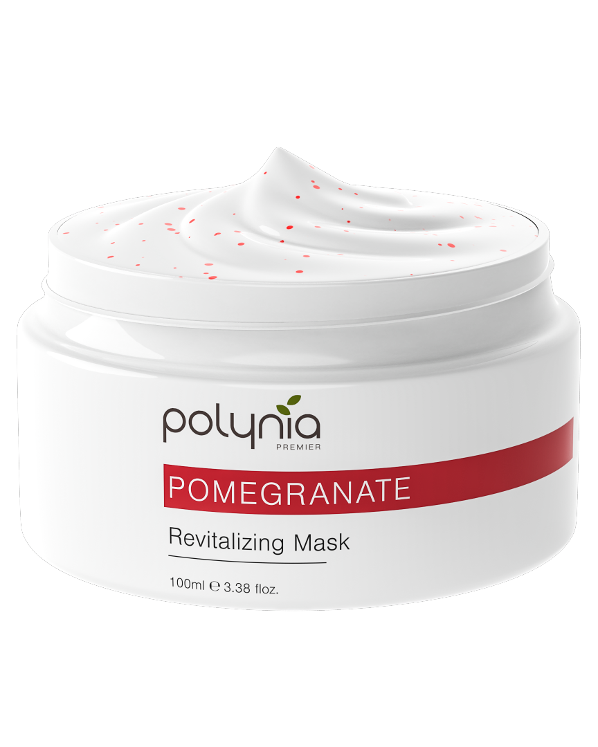 Jar of Polynia Pomegranate Revitalizing Mask on a white background